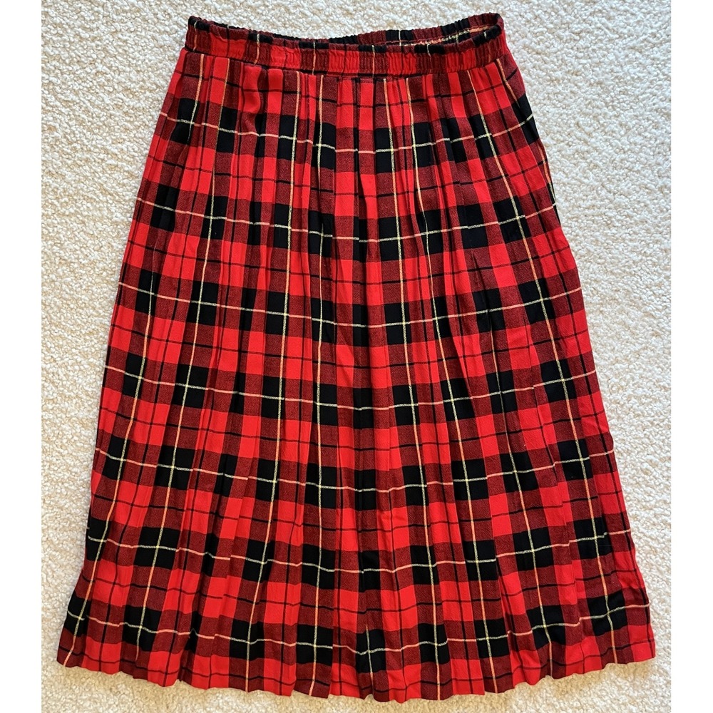 Vintage Russ Scotch Plaid Elastic Waist Pleated Granny Chic Skirt Women 16 USA